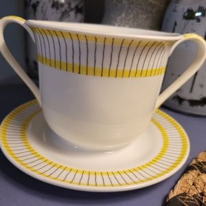 MCM 60s Stig Lindberg Gustavsberg "Pike" Dbl Handled Cup Bowl on Saucer~Sweden